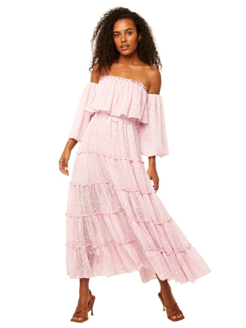 Women's MISA Pink Off-Shoulder Tiered Maxi Dress S